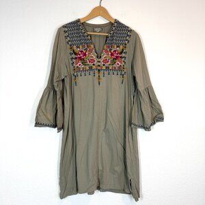 Johnny Was Embroidered Dress Green Bell Sleeves Peasant Boho READ Large